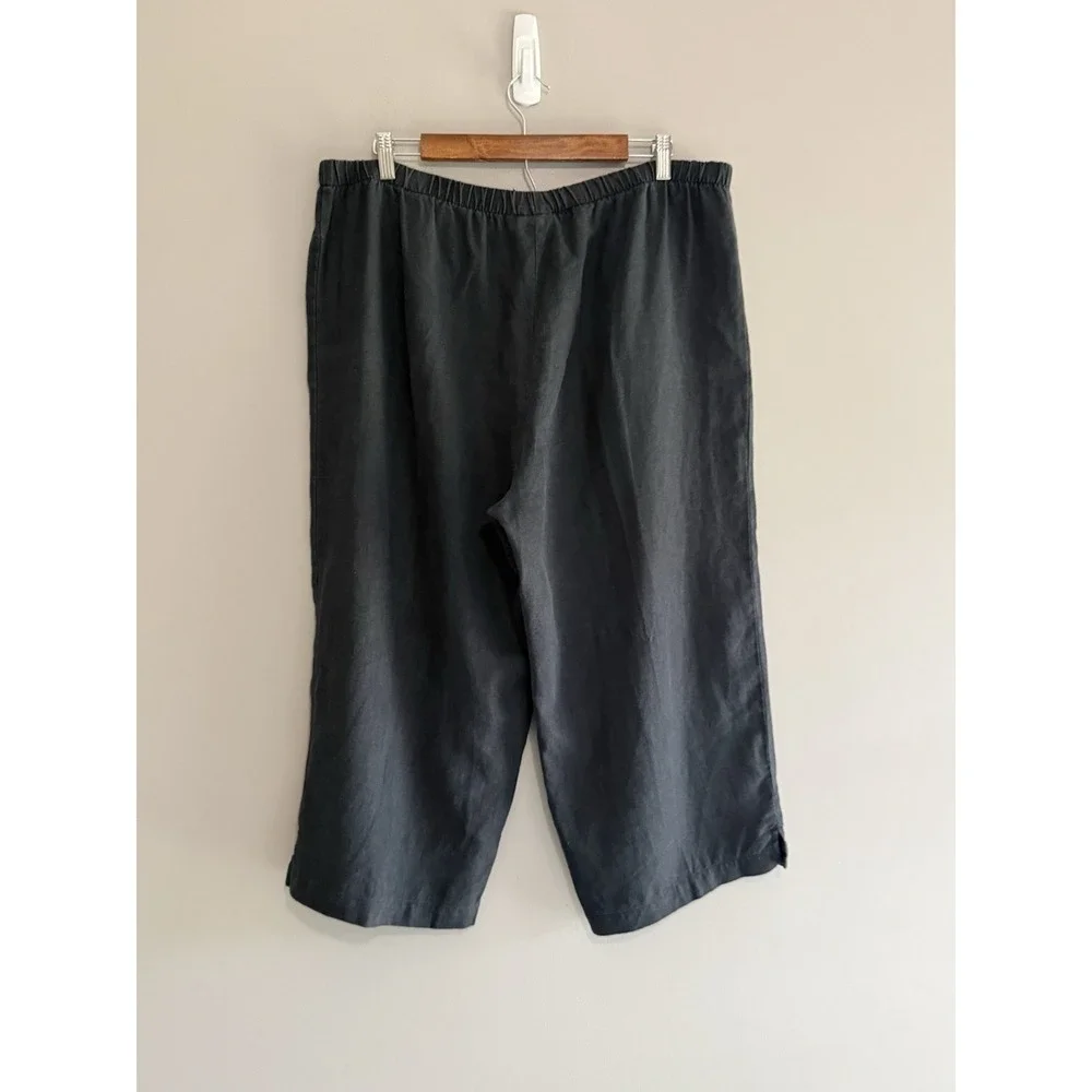 Tahari 100% Linen Pants Wide Leg Black Crop Pull On Beach Lagenlook Classic - Picture 8 of 14